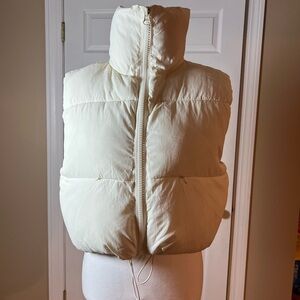 UANEO Cropped Puffer Vest Women Zip Up Stand Collar Sleeveless Padded M Ivory
